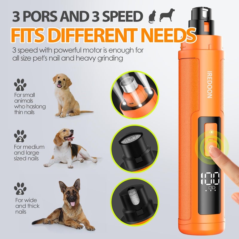 IREDOON Dog Nail Grinder Upgraded - Professional 3-Speed Super Quiet and Low Vibration Electric Pet Nail Grinder with 4 LED Lights - Painless Paws Grooming & Smoothing for Small to Large Dogs (Orange) - Image 2